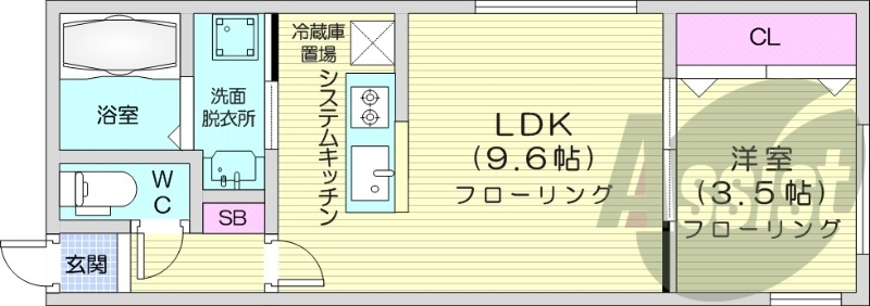 1LDK、エアコン、システムキッチン、ネット無料