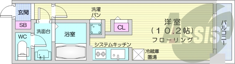 1K、都市ガス、エアコン、追い焚き、浴室乾燥機