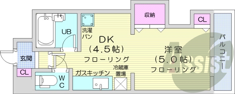 1DK、バストイレ別、ガスFF暖房、ガス給湯