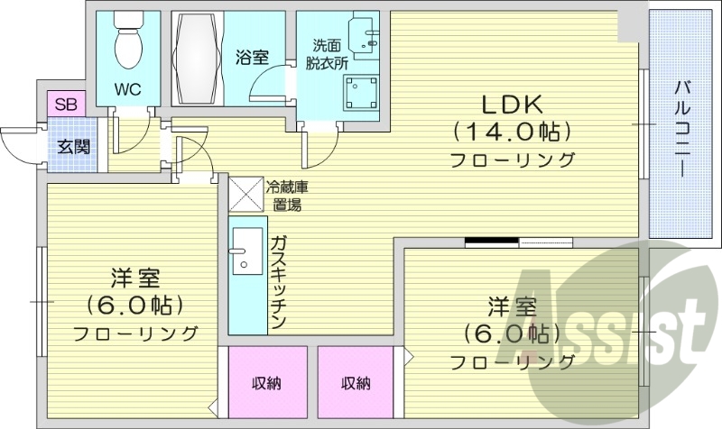 2LDK、独立洗面台、バストイレ別