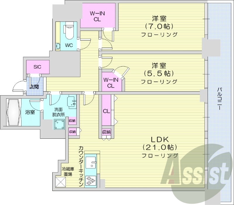 2LDK、都市ガス、追い焚き、エアコン、システムキッチン