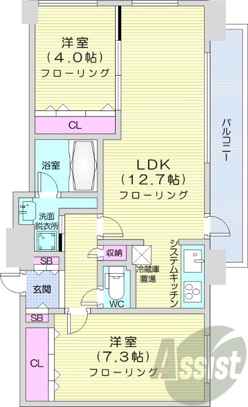 2LDK、エアコン、都市ガス、システムキッチン