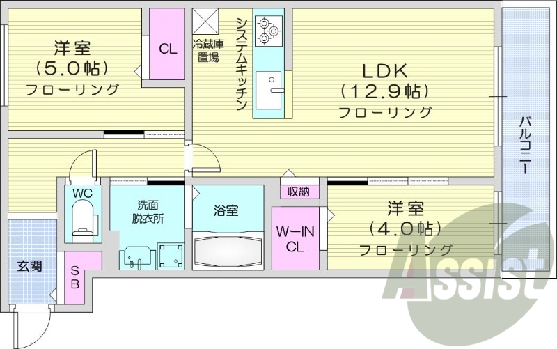 2LDK、都市ガス、エアコン、システムキッチン、浴室乾燥機