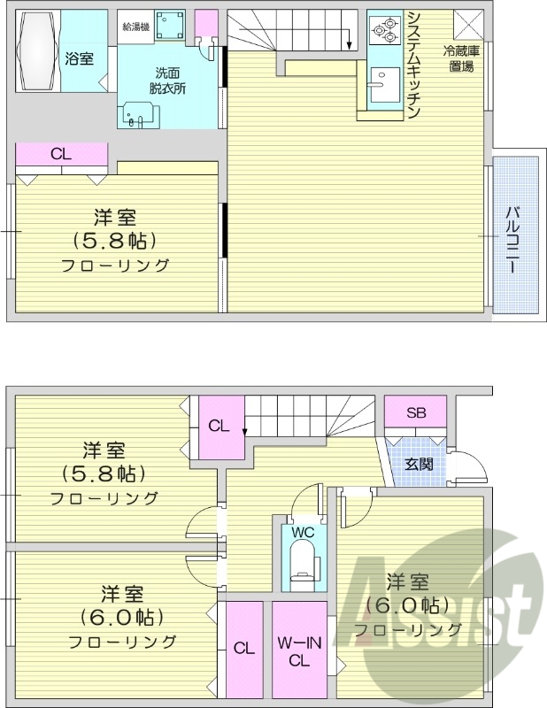 4LDK、メゾネット、駐車場2台、追い炊き