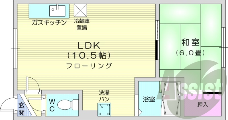1LDK、バストイレ別、灯油暖房、室内洗濯機置場