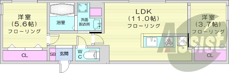 2LDK、都市ガス、エアコン、追い焚き、システムキッチン
