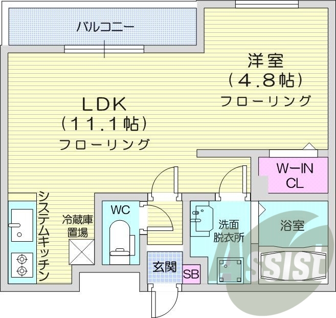 1LDK、都市ガス、エアコン、システムキッチン