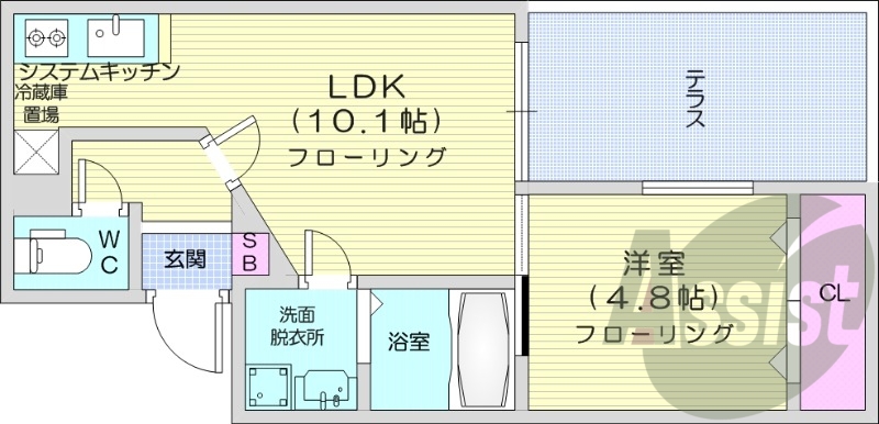 1LDK、都市ガス、エアコン、システムキッチン