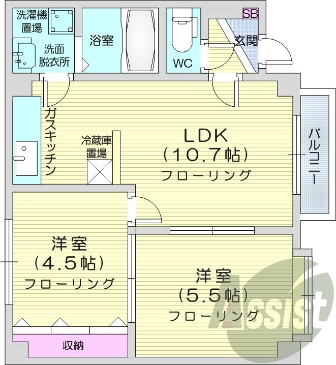 2LDK、シャワートイレ、洗髪洗面化粧台、灯油暖房