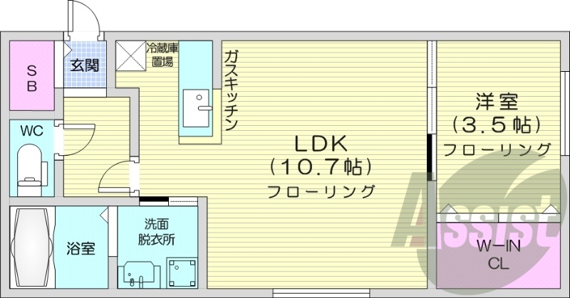 1LDK、エアコン、バストイレ別、灯油暖房