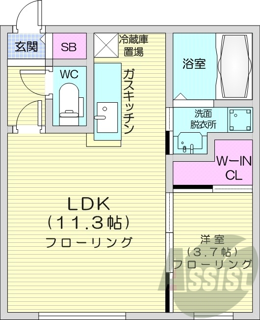 1LDK、エアコン、バストイレ別、灯油暖房