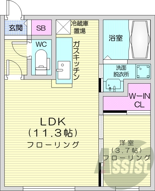 1LDK、エアコン、バストイレ別、灯油暖房