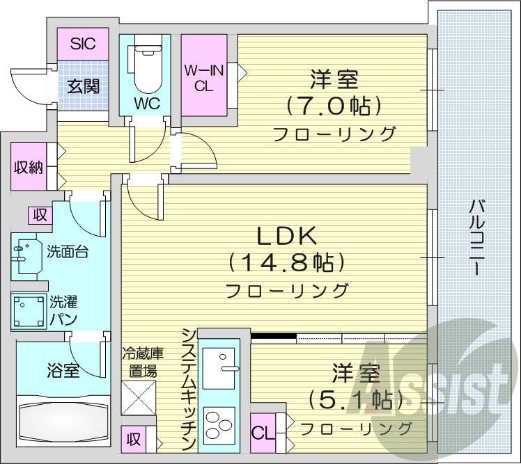2LDK、システムキッチン、シャワートイレ、追い焚き