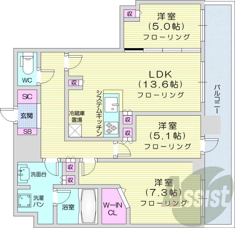 3LDK、システムキッチン、シャワートイレ、追い焚き