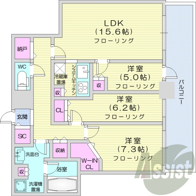 3LDK、システムキッチン、シャワートイレ、追い焚き