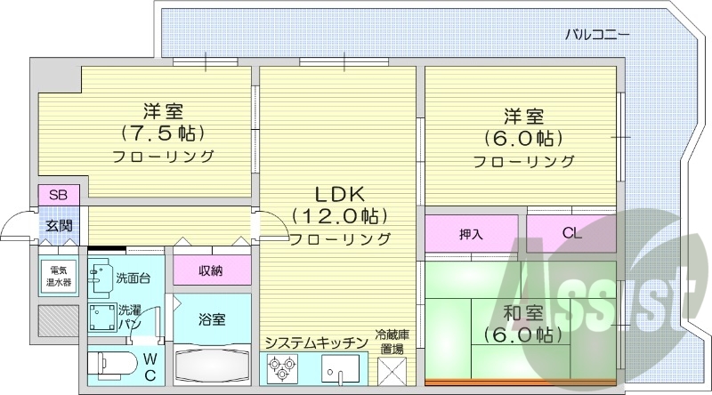 3LDK、都市ガス分譲マンション、システムキッチン