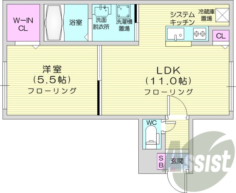 1LDK、エアコン、独立洗面台、システムキッチン、
