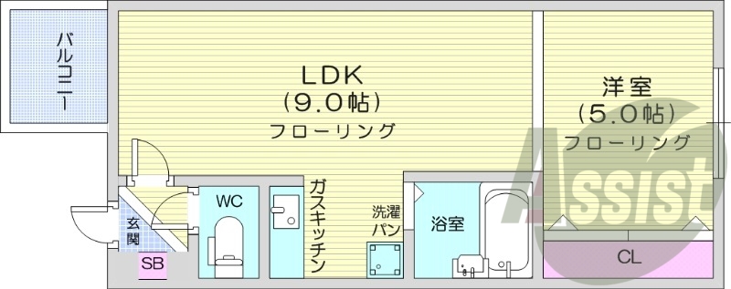 1LDK、ガス暖房、バス・トイレ別、バルコニー