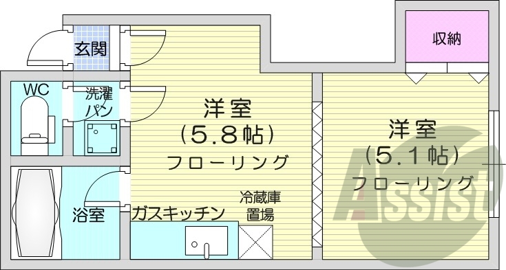 1DK、灯油暖房、バス・トイレ別、洗濯機置場