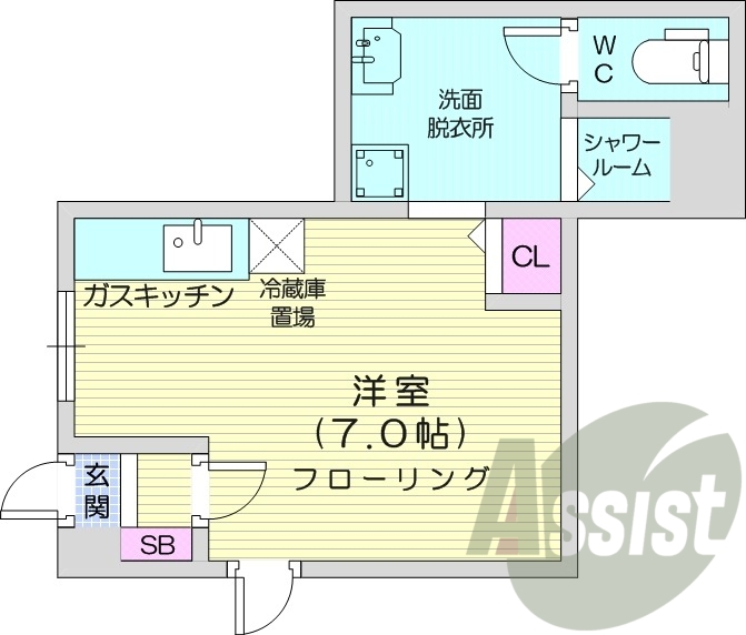 1R、バストイレ別、灯油暖房、室内洗濯機置場