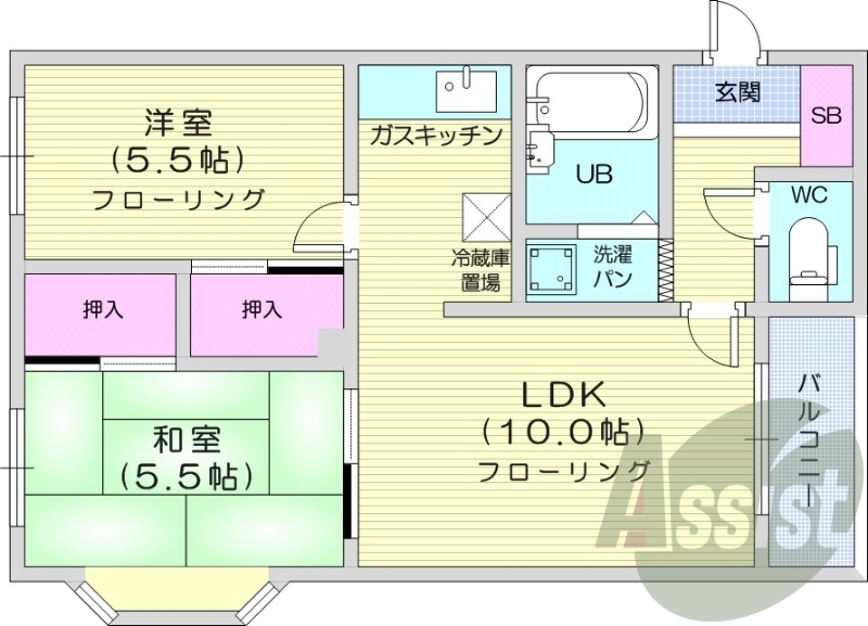 2LDK、バス・トイレ別、シャワートイレ