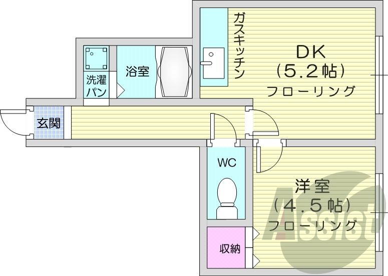 1LDK、灯油暖房、バストイレ別、モニター付きインターホン