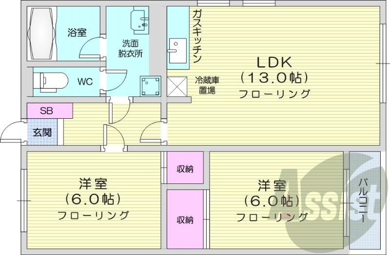 2LDK、洗髪洗面化粧台、ガスキッチン、シャワートイレ