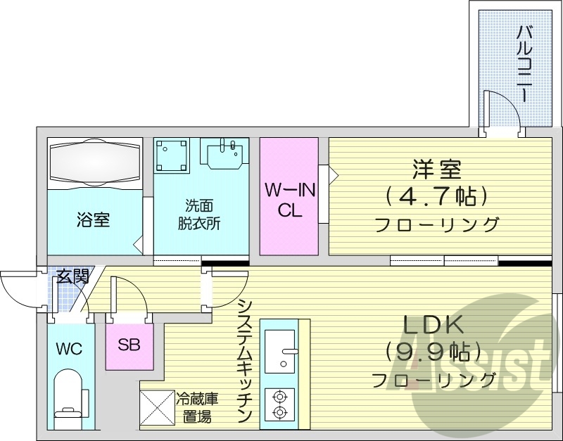 1LDK、都市ガス、浴室乾燥機、エアコン、システムキッチン