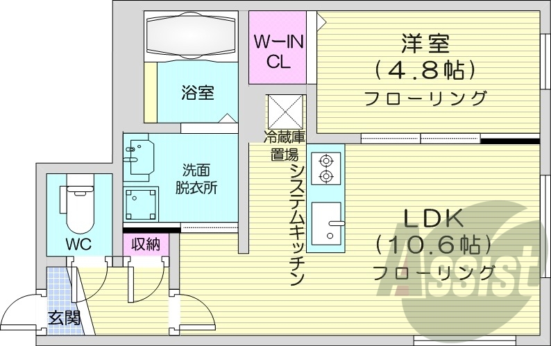 1LDK、都市ガス、浴室乾燥機、エアコン、システムキッチン
