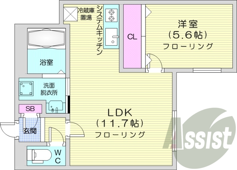 1LDK、都市ガス、浴室乾燥機、エアコン、システムキッチン