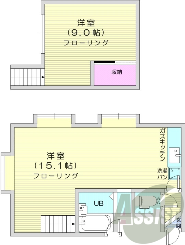1ルーム、メゾネット、バストイレ別、灯油暖房
