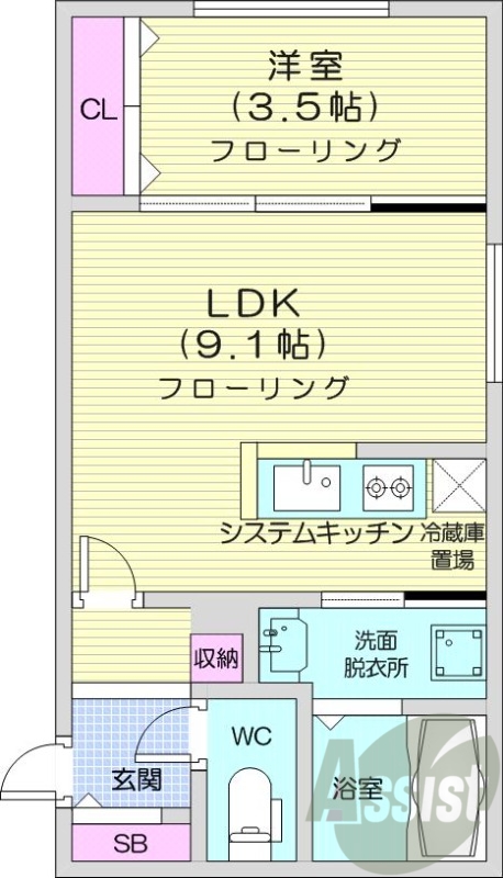1LDK、エアコン、システムキッチン、灯油暖房