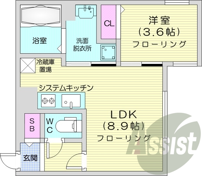 1LDK、エアコン、システムキッチン、灯油暖房