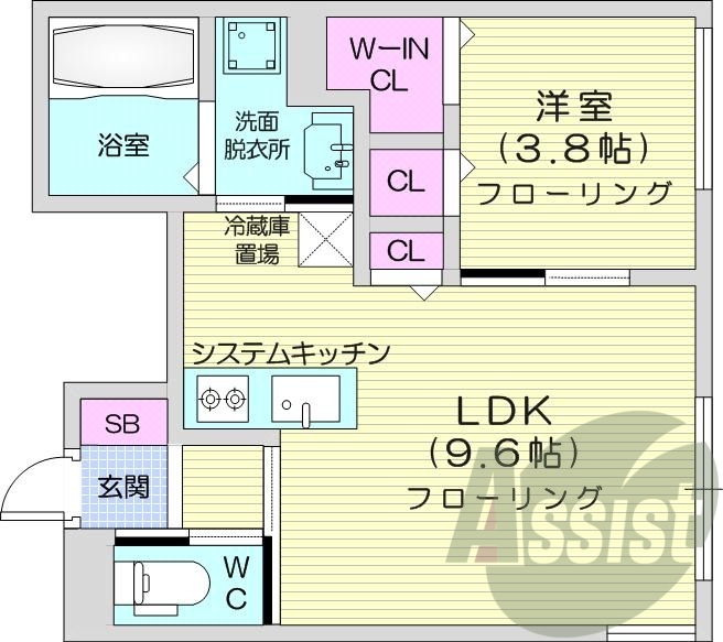 1LDK、都市ガス、エアコン、システムキッチン