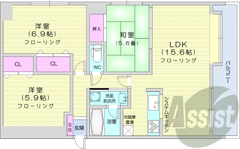 3LDK、トランクルーム、システムキッチン、独立洗面台
