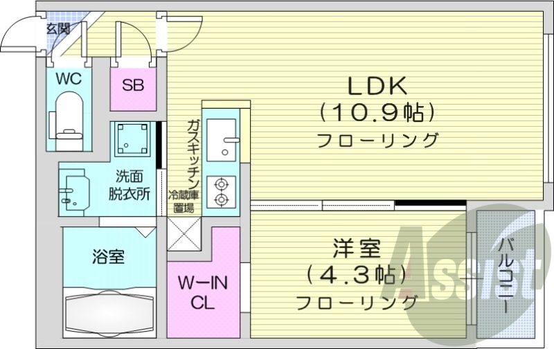 1LDK、エアコン、浴室乾燥機、システムキッチン
