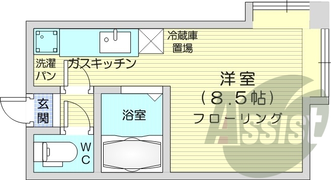 1ルーム、灯油暖房、バス・トイレ別、洗濯機置場