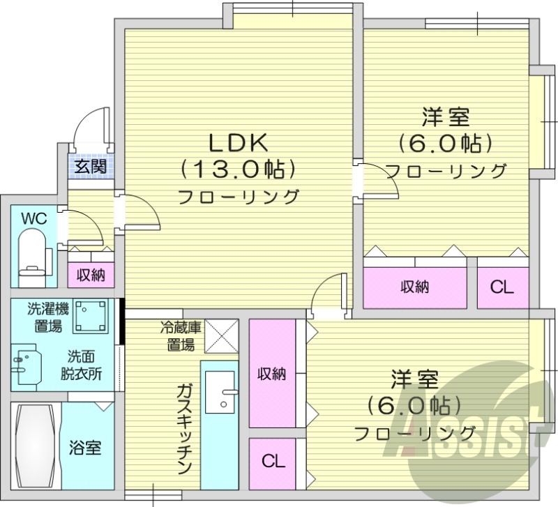2LDK、角部屋、エアコン、灯油暖房、TVインターホン