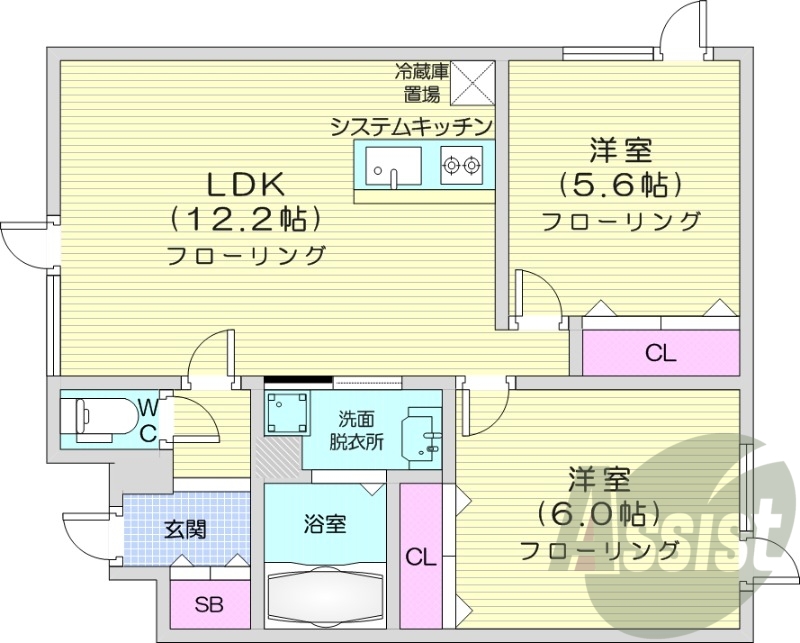2LDK、エアコン、システムキッチン、浴室乾燥機