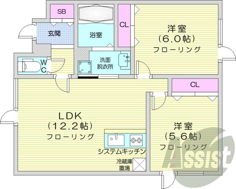 2LDK、エアコン、システムキッチン、浴室乾燥機