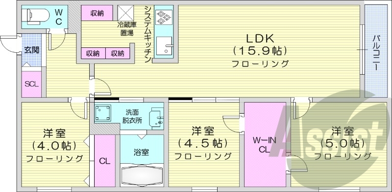3LDK、都市ガス、エアコン、追い焚き、ネット無料
