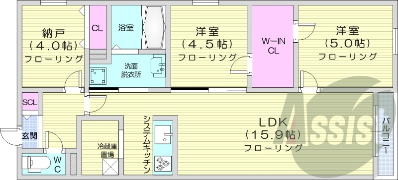 3LDK、都市ガス、エアコン、追い焚き、ネット無料
