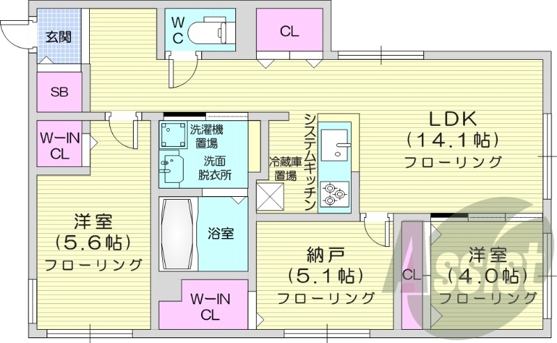 3LDK、エアコン、都市ガス、システムキッチン、宅配ボックス
