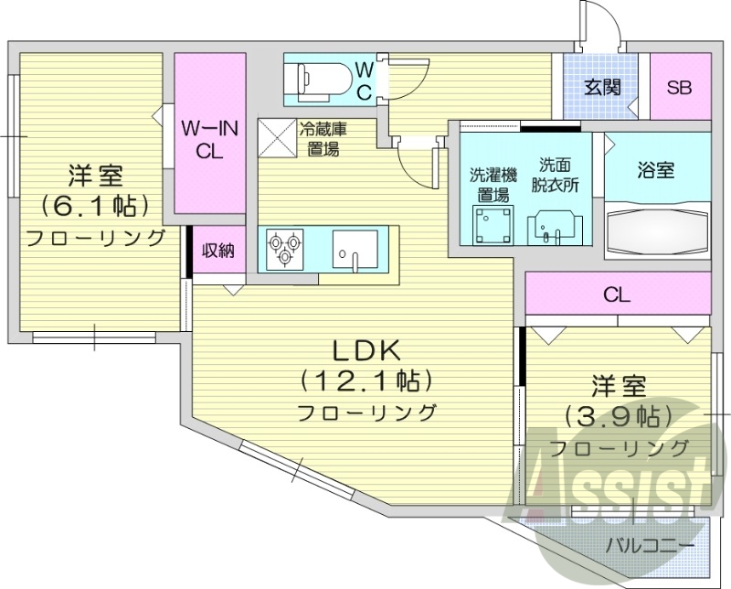 2LDK、エアコン、都市ガス、システムキッチン、宅配ボックス
