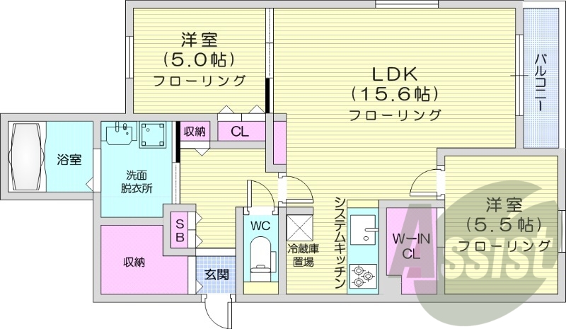 2LDK、都市ガス、エアコン、浴室乾燥機