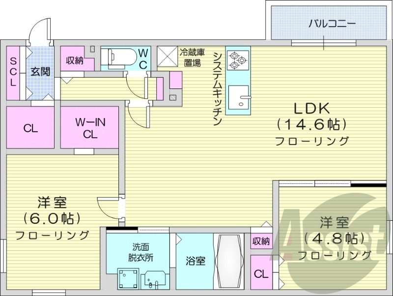 2LDK、都市ガス、エアコン、浴室乾燥機