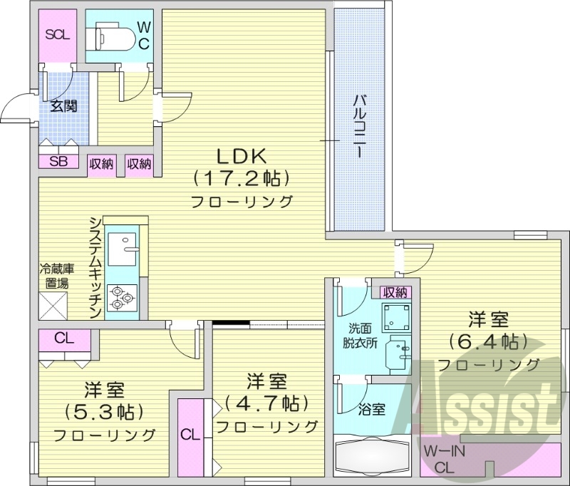 3LDK、都市ガス、エアコン、システムキッチン、追い焚き