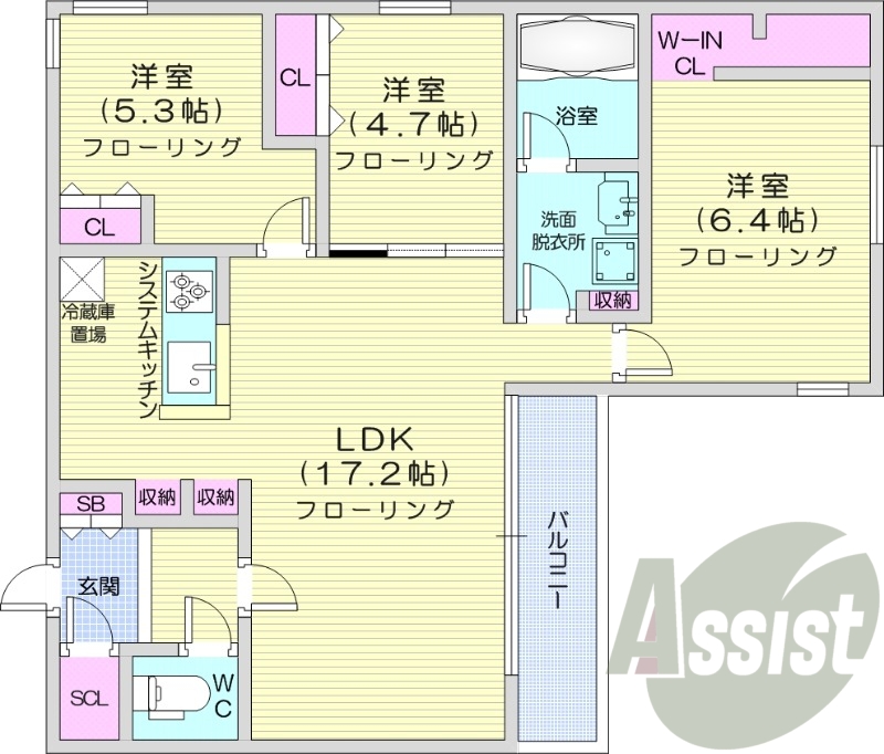 3LDK、都市ガス、エアコン、システムキッチン、追い焚き