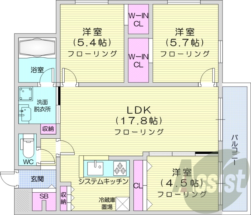 3LDK、都市ガス、エアコン、システムキッチン、追い焚き