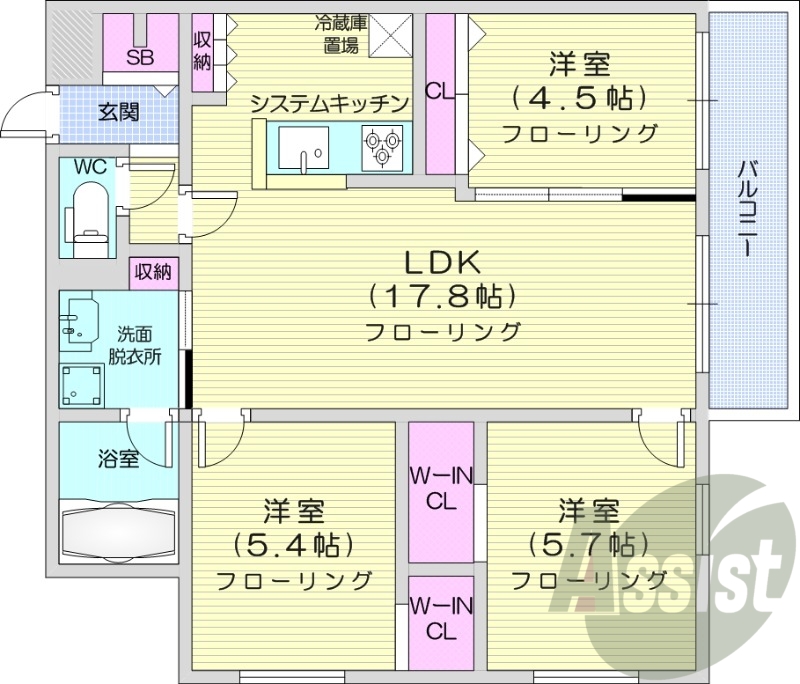 3LDK、都市ガス、エアコン、システムキッチン、追い焚き